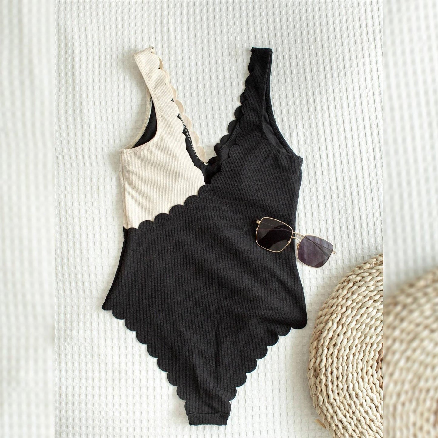 Two Tone Scallop Trim One Piece Swimsuit