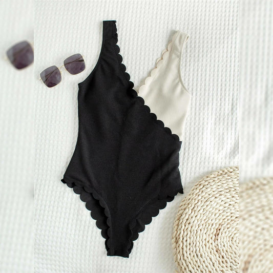 Two Tone Scallop Trim One Piece Swimsuit